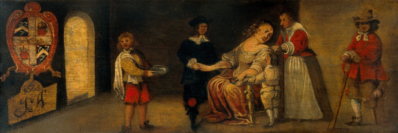 A surgeon letting blood from a woman's arm. Oil painting.