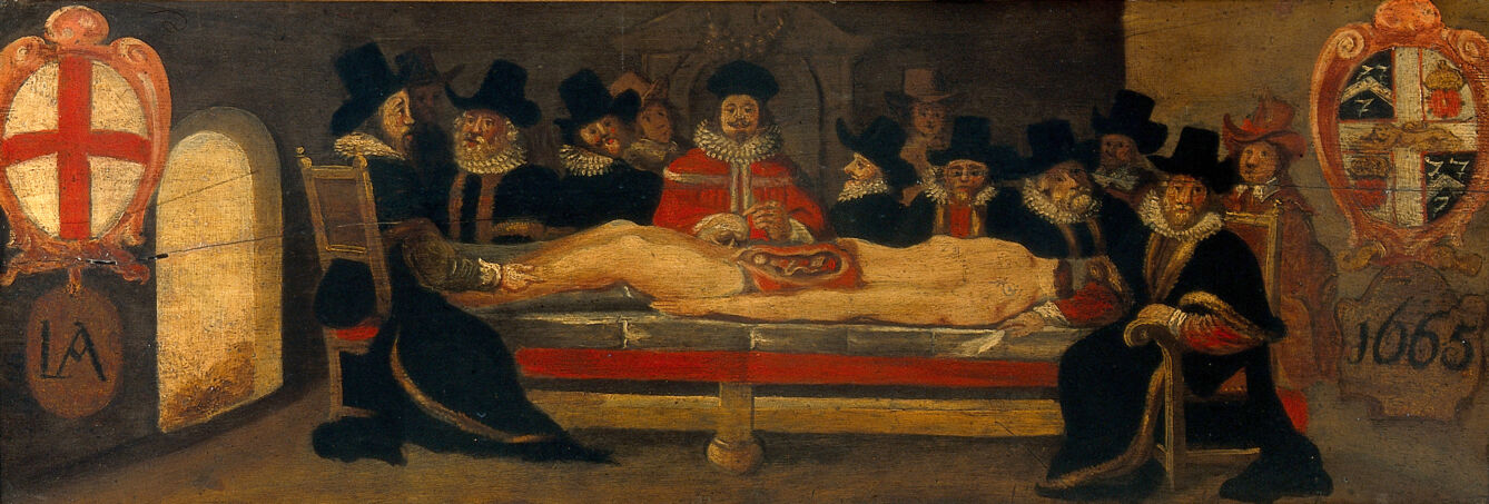 The dissection of a corpse before a company of surgeons (?). Oil painting.
