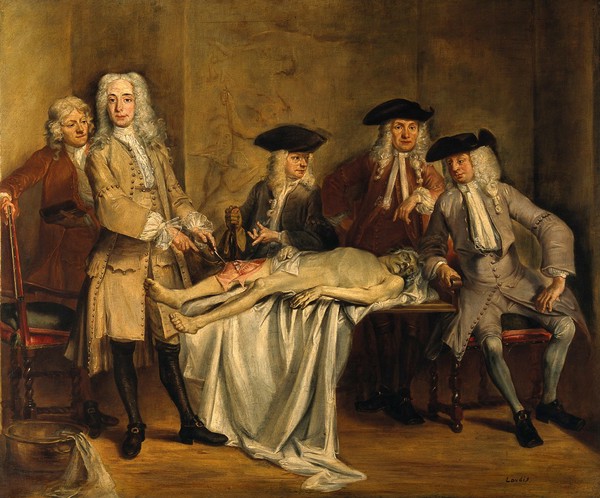 The anatomy of Dr Willem Roell. Oil painting by B. F. Landis, 1909-1910, after Cornelis Troost, 1728.