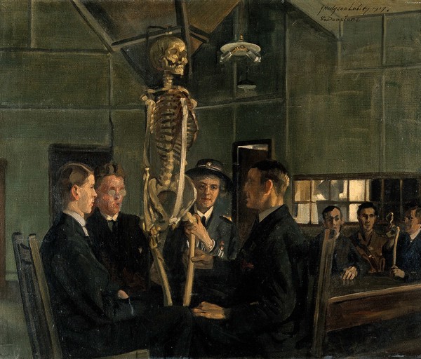 Anatomy lessons at St Dunstan's. Oil painting by J.H. Lobley, 1919.