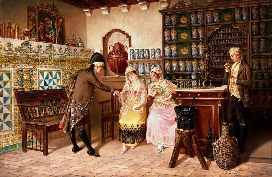 A medical practitioner taking a lady's pulse in a pharmacy. Oil painting by Emili Casals i Camps, ca. 1882.