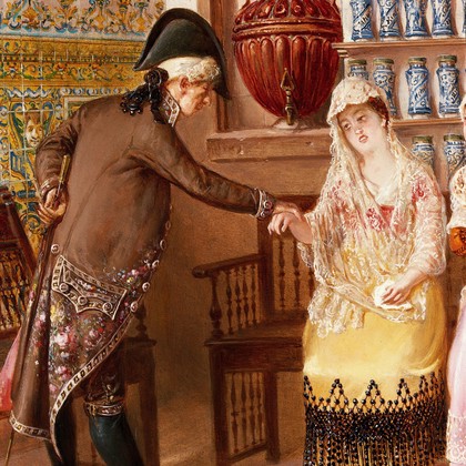 A medical practitioner taking a lady's pulse in a pharmacy. Oil painting by Emili Casals i Camps, ca. 1882.