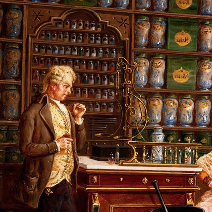 A medical practitioner taking a lady's pulse in a pharmacy. Oil painting by Emili Casals i Camps, ca. 1882.