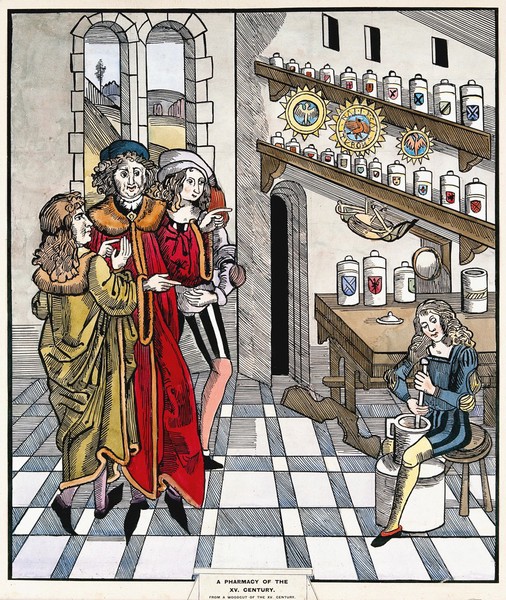 A pharmacy: interior. Watercolour.