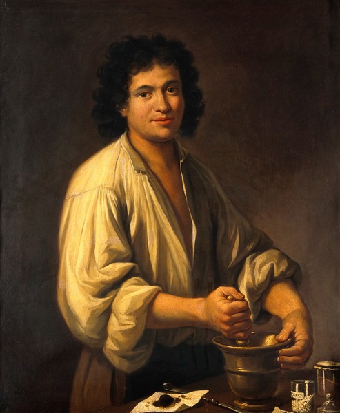An apothecary (a man using pestle and mortar). Oil painting by a Spanish painter, 18th century.