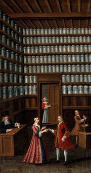 A pharmacy. Oil painting by a French painter, ca. 1700 (?).