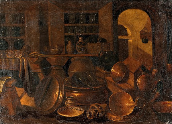 Pharmaceutical vessels. Oil painting attributed to G. D. Valentino.