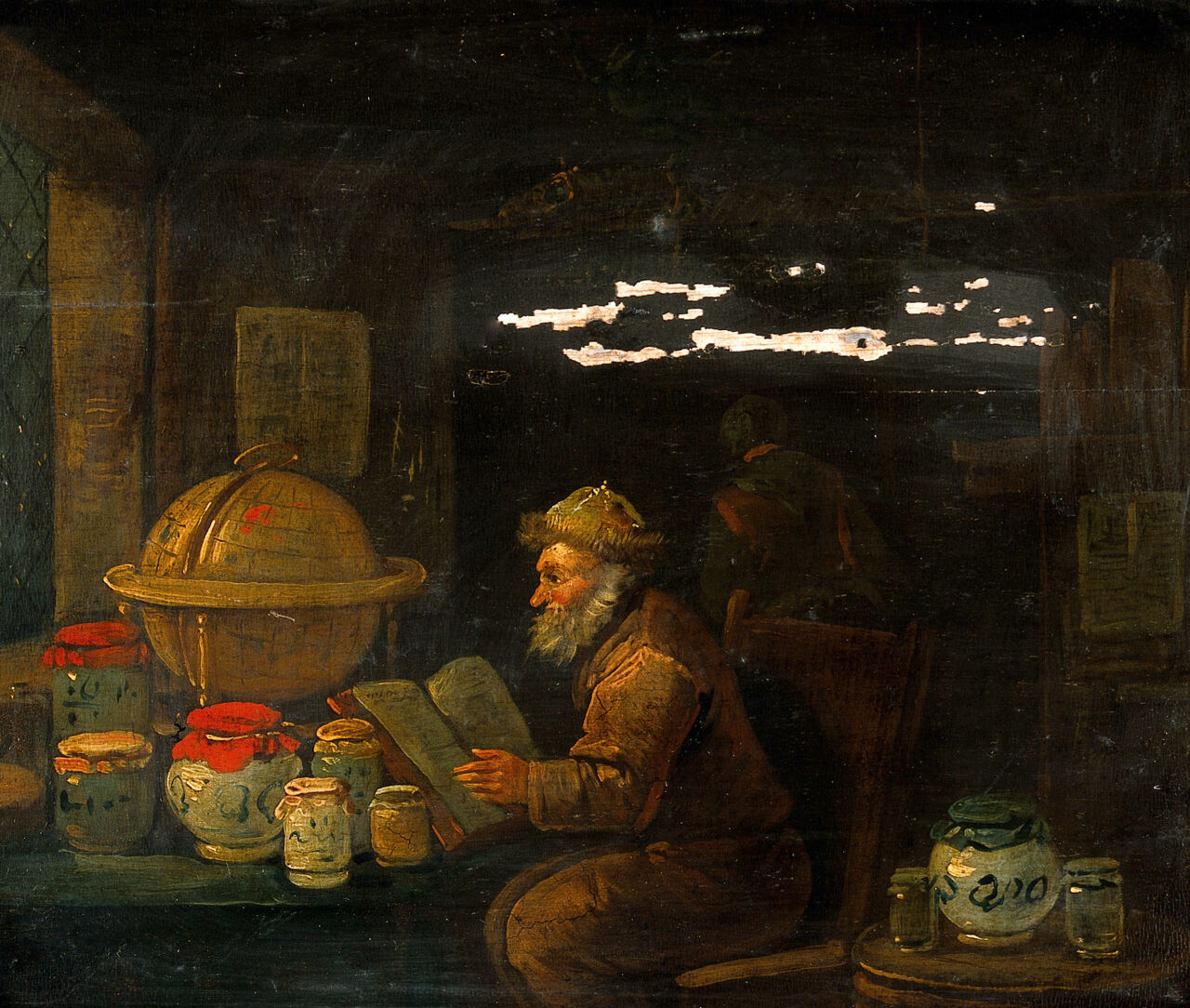 An apothecary. Oil painting ascribed to Egbert van Heemskerck., by Egbert van Heemskerck