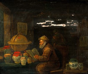 view An apothecary. Oil painting ascribed to Egbert van Heemskerck.