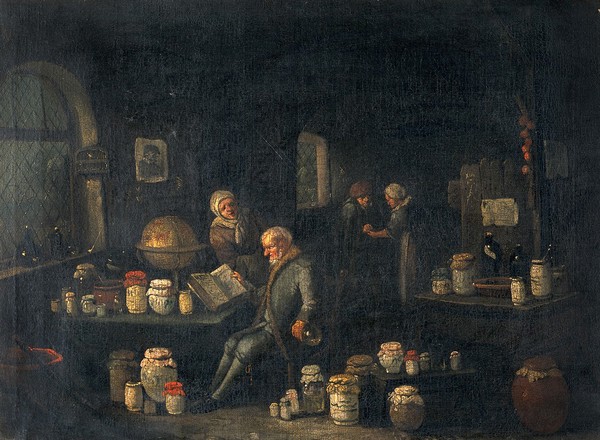 An old man consulting a book and holding a flask in a room with many pharmacy jars. Oil painting in the style of Egbert van Heemskerck.