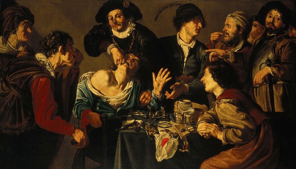 A troupe of travelling performers including a toothdrawer. Oil painting, 16--, after Theodor Rombouts.