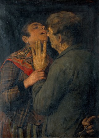 A toothdrawer concealing the key from the patient. Oil painting by Luciano Nezzo.