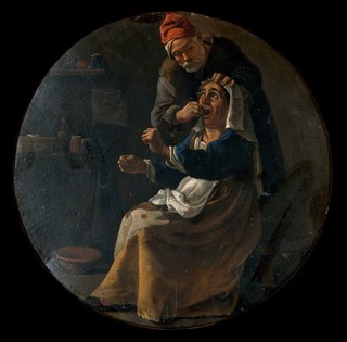 A man performing a painful operation on a woman's tooth. Oil painting by Pieter van Laer, 16--.