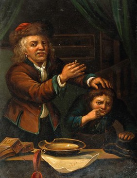 A surgeon extracting a tooth. Oil painting after G. Dou.