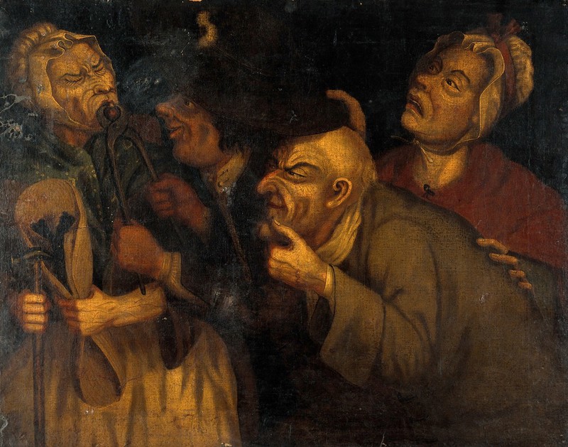 A blacksmith extracting a tooth. Oil painting in the style of John Collier, known as "Tim Bobbin"., by John Collier