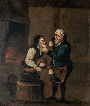 view A farrier extracting a tooth from a man's mouth. Oil painting by a follower of D. Teniers II.