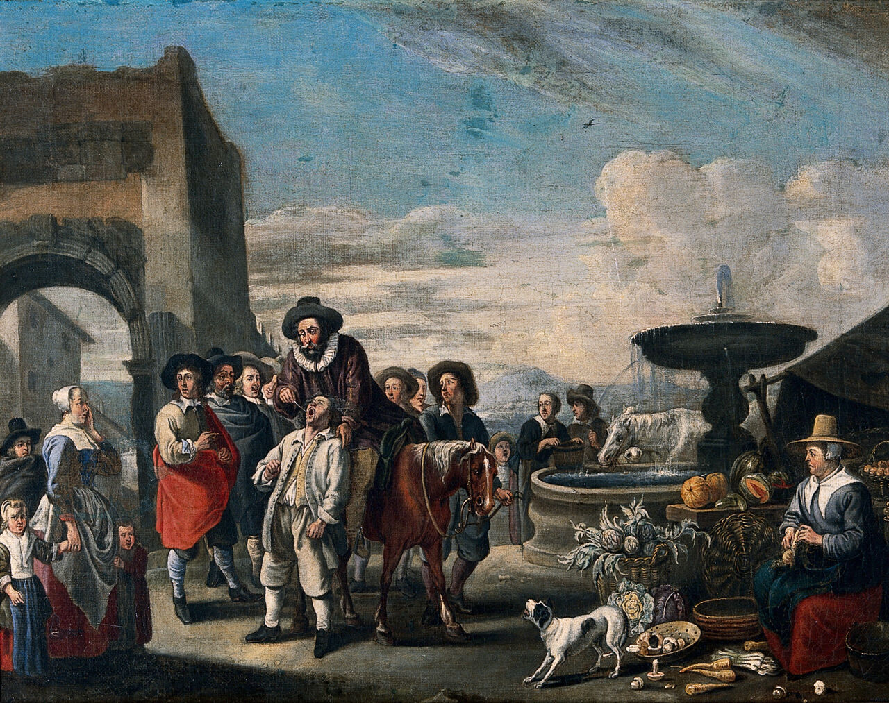 An Italian market-place with a tooth-drawer on horseback. Oil painting by or after Hendrick Mommers., by Hendrick Mommers