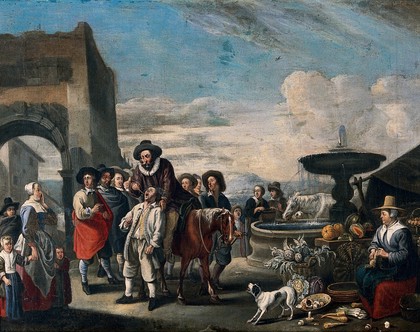 An Italian market-place with a tooth-drawer on horseback. Oil painting by or after Hendrick Mommers.