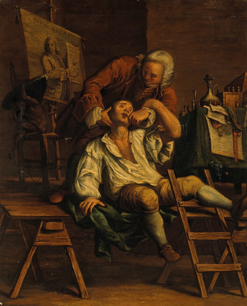An itinerant operator extracting a tooth. Oil painting after Francesco Maggiotto., by Francesco Maggiotto