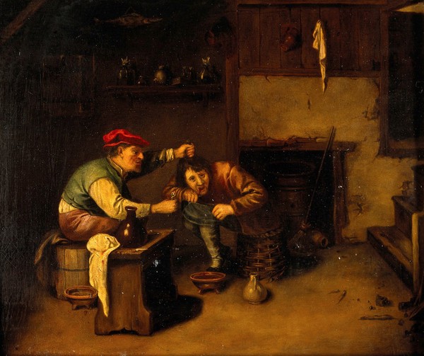 An operator extracting a tooth. Oil painting after A. Brouwer.