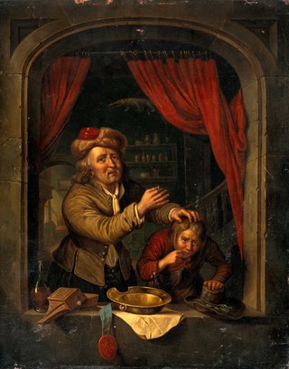 A dental operation. Oil painting after Gerrit Dou.