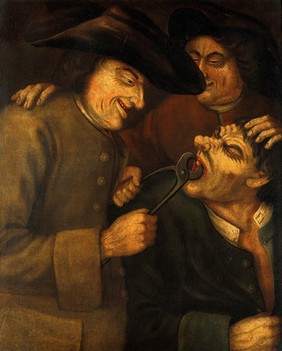 A blacksmith extracting a tooth. Oil painting in the manner of John Collier, known as "Tim Bobbin".