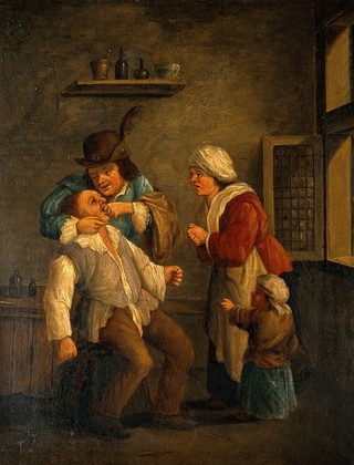 A tooth-drawer operating on a man, with a woman and child looking on. Oil painting, ca. 1900, after Andries Both.