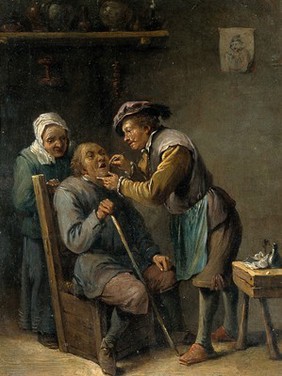 A surgeon treating the teeth of a seated man. Oil painting after David Teniers the younger.