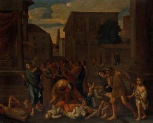 view The plague of the Philistines at Ashdod. Oil painting after Nicolas Poussin.