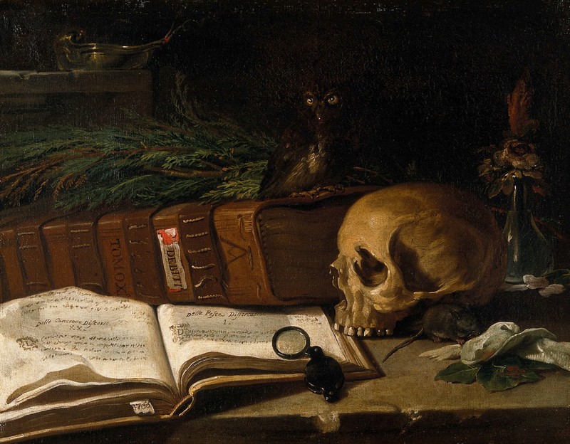 Still life with a skull and medical book. Oil painting by an Italian ...