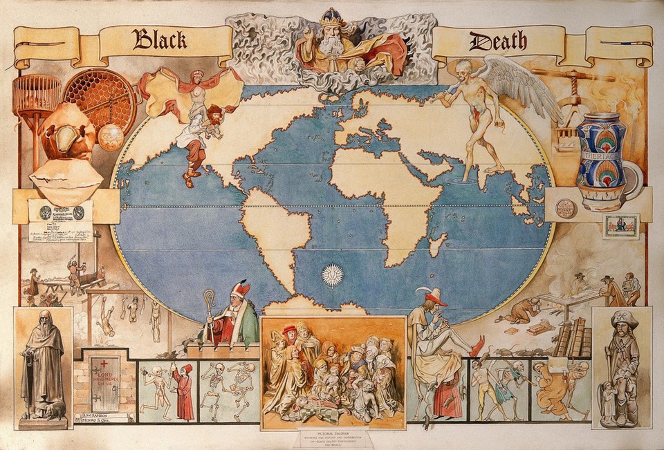 The Black Death Map Of The World With Vignettes Watercolour By Monro   Default 