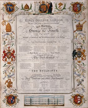 Charter of King's College, London. Coloured engraving by H.D. Smith, 1838.