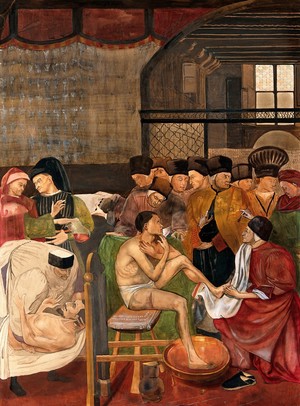 view Hospital of Santa Maria della Scala, Siena: physicians and surgeons treating the sick. Watercolour, 19--, after Domenico di Bartolo, 1441-1442.