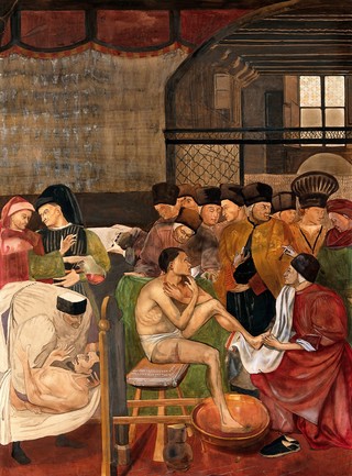 Hospital of Santa Maria della Scala, Siena: physicians and surgeons treating the sick. Watercolour, 19--, after Domenico di Bartolo, 1441-1442.
