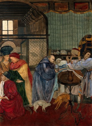 Hospital of Santa Maria della Scala, Siena: a monk receiving the confession of a dying man. Watercolour after Domenico di Bartolo.