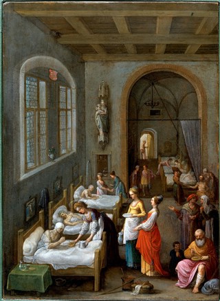 Saint Elizabeth of Hungary bringing food for the inmates of a hospital. Oil painting by Adam Elsheimer, ca. 1598.