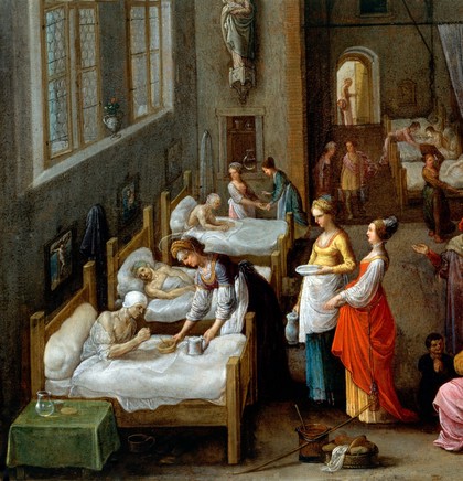 Saint Elizabeth of Hungary bringing food for the inmates of a hospital. Oil painting by Adam Elsheimer, ca. 1598.