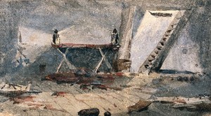 view Cap-Haitien, Haiti: the surgery of HMS Bulldog. Watercolour by E.L. Moss, 1865.