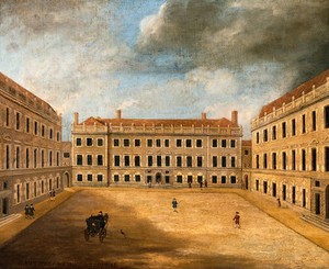 view Saint Bartholomew's Hospital, London: the Gibbs buildings. Oil painting.