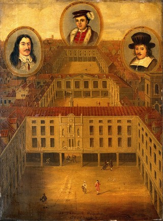 Saint Thomas's Hospital, Southwark: the enfilade of three courtyards, surmounted by portraits of King Edward VI, Sir Francis Prujean and Thomas Wharton. Oil painting.