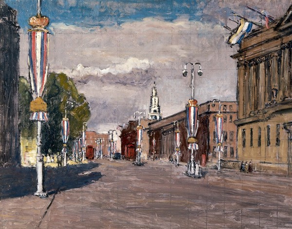 Euston Road, London, from outside Bentley House, showing the Wellcome Building, Friends' House and St Pancras Church with decorations for Coronation Day. Oil painting by Paul A. Lord Methuen RA, 4th Baron, 1953.