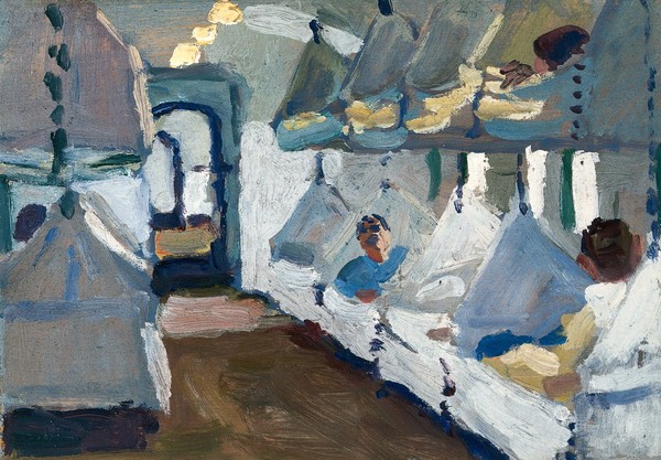 Interior of a naval ambulance train. Oil painting by Godfrey Jervis Gordon ("Jan Gordon").