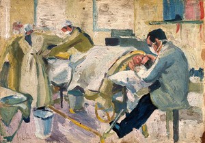 view World War I: an operating theatre in a hospital ship. Oil painting by Godfrey Jervis Gordon ("Jan Gordon").