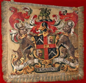 view Barge-flag: achievement of arms of the Worshipful Company of Barber-Surgeons of London. Gouache on cloth.