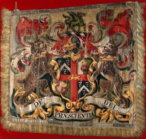 view Barge-flag: achievement of arms of the Worshipful Company of Barber-Surgeons of London. Gouache on cloth.