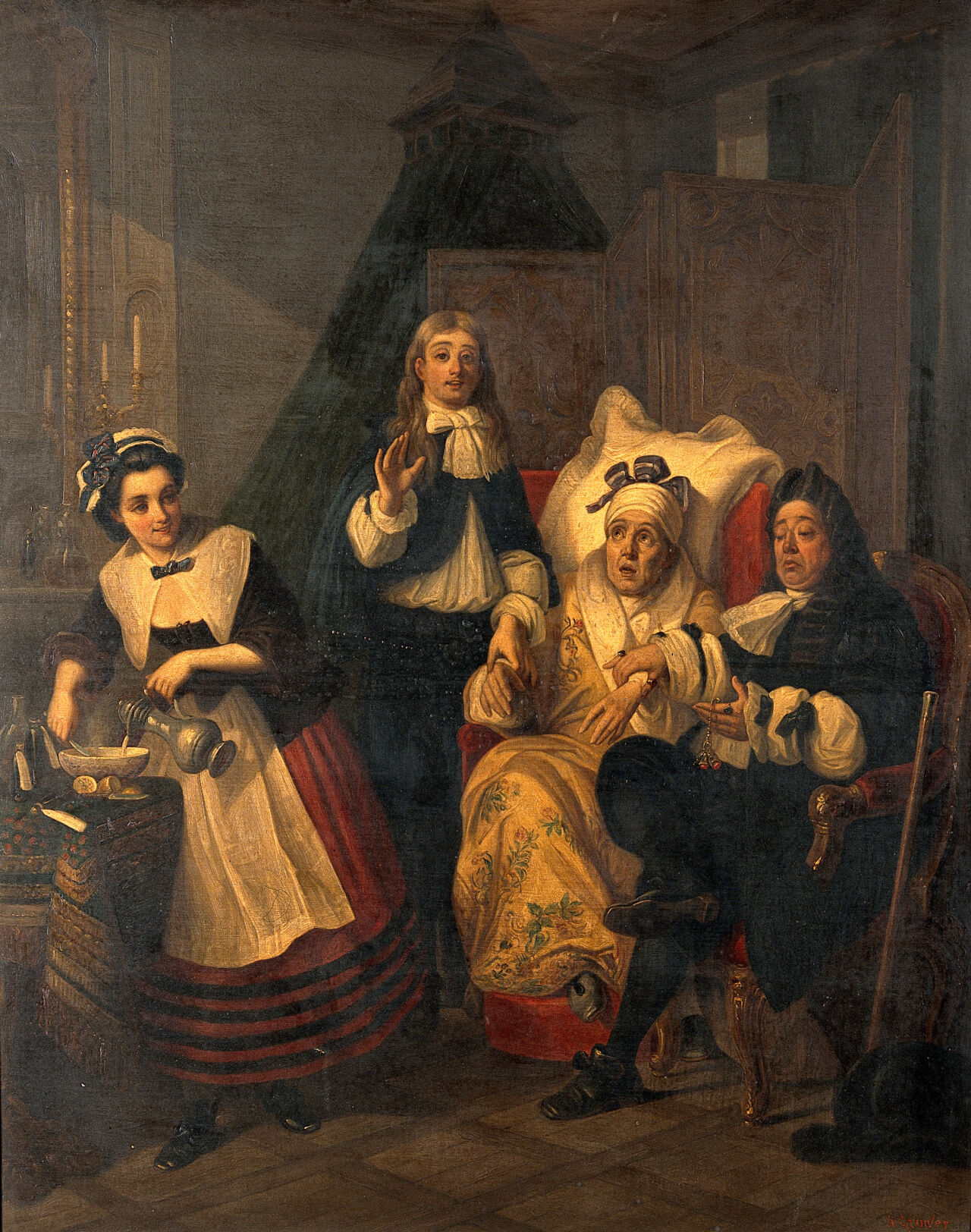 The unwilling patient. Oil painting after Abraham Solomon., by Abraham Solomon