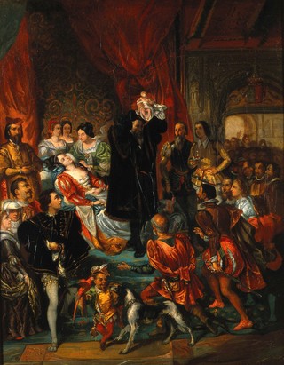 The birth of Henri IV at the castle of Pau. Oil painting after Eugène-François-Marie-Joseph Devéria.