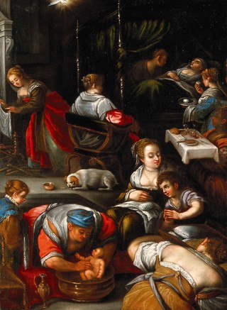 The birth of the Virgin. Oil painting after Francesco Bassano.