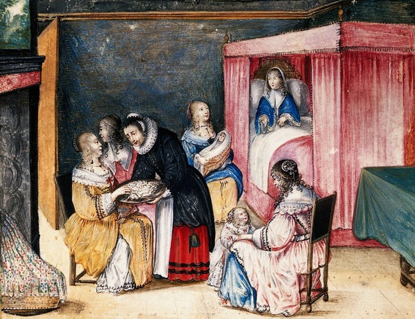 A kraamkamer (birth-room). Watercolour, 16--.