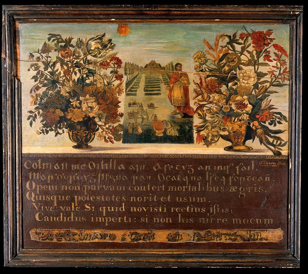 Vases of flowers and a botanic garden with Saint Peter. Oil painting by O'Brien.